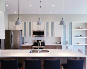 quartz countertop in a modern white kitchen
